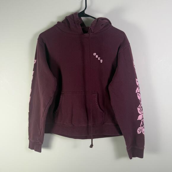 Obey Maroon Hoodie with Pink Floral Sleeves - Picture 1 of 6
